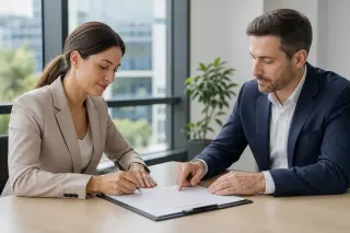 Man and woman seated at a modern office desk, calmly reviewing and signing a contract together in natural daylight.
