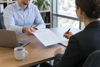 Deux personnes assises à une table de bureau échangent un document à signer, ambiance professionnelle et lumineuse.