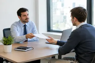 Two men in a bright office, one in a shirt and tie handing a document to another in business casual, both sitting at a desk with a laptop, notebooks, and a potted plant.