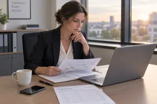 Employée de bureau concentrée sur le calcul de ses heures supplémentaires à son poste, feuille d'heures et ordinateur portable devant elle, dans une ambiance calme et lumineuse.