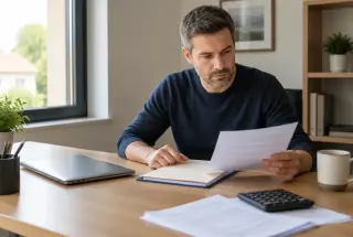 Travailleur indépendant consultant des documents administratifs dans un bureau après la cessation de son activité.