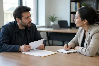 Salarié accompagné d’un conseiller lors d’un entretien professionnel, avec une enveloppe et des documents administratifs sur la table.